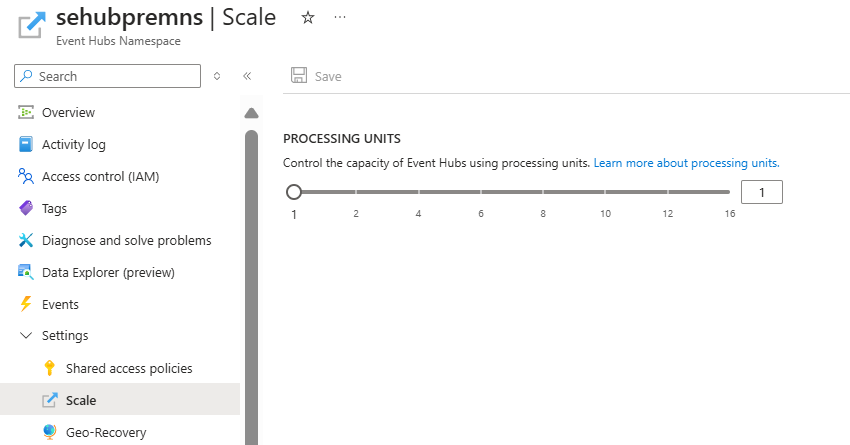 Screenshot della pagina Scala di uno spazio dei nomi Premium esistente con unità di elaborazione configurate.