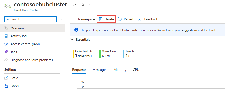 Screenshot che mostra il pulsante Elimina nella pagina Cluster di Hub eventi.