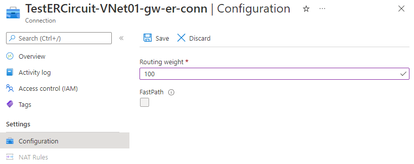 Screenshot della configurazione del peso della connessione tramite il portale di Azure.