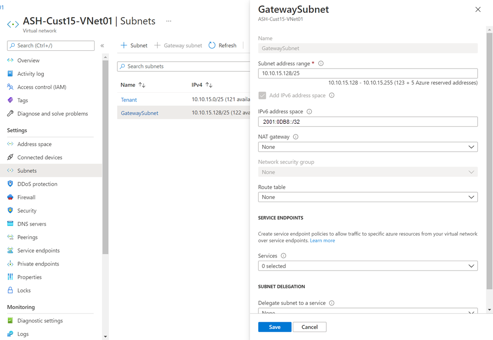 Screenshot dell'aggiunta dello spazio indirizzi Ipv6 alla subnet.