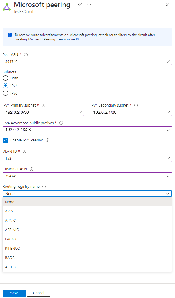 Screenshot che mostra come aggiornare la configurazione del peering Microsoft.