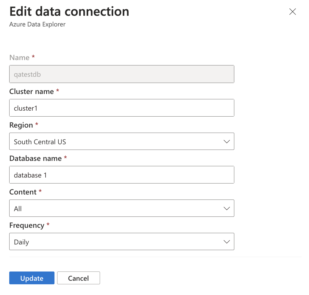 Screenshot che mostra la schermata Aggiungi connessione dati per Esplora dati di Azure.