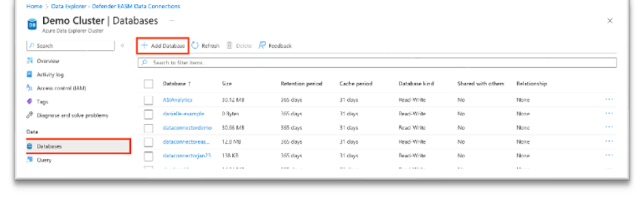 Screenshot che mostra l'aggiunta di database in Esplora dati di Azure.