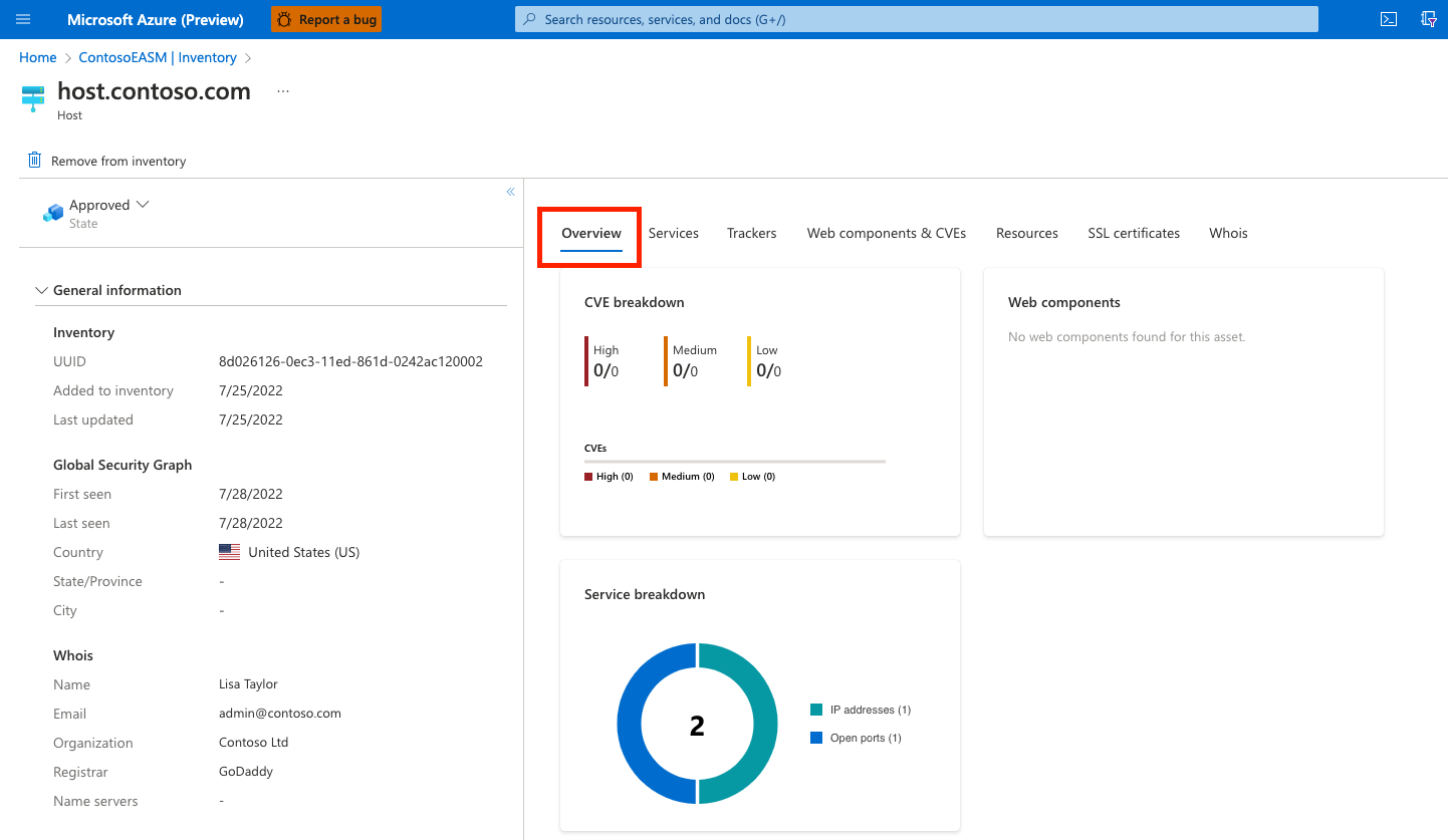 Screenshot che mostra il riquadro Panoramica della pagina dei dettagli dell'asset.