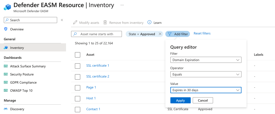 Screenshot che mostra la visualizzazione dell'elenco di inventario con l'elenco a discesa 'Aggiungi filtro' aperto per visualizzare l'editor di query.