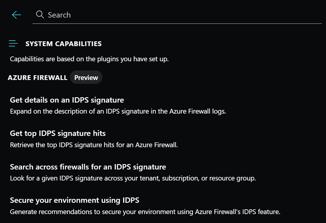 Screenshot delle funzionalità di sistema per Firewall di Azure in Microsoft Security Copilot.