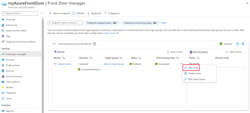 Screenshot della modifica della route da Gestione Frontdoor.
