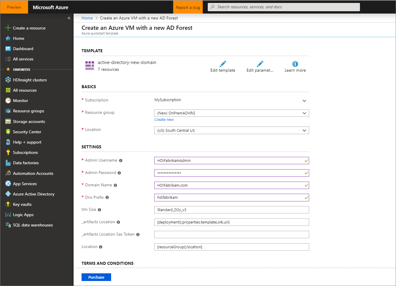 Modello per Creare una macchina virtuale di Azure con una nuova foresta di Microsoft Entra.