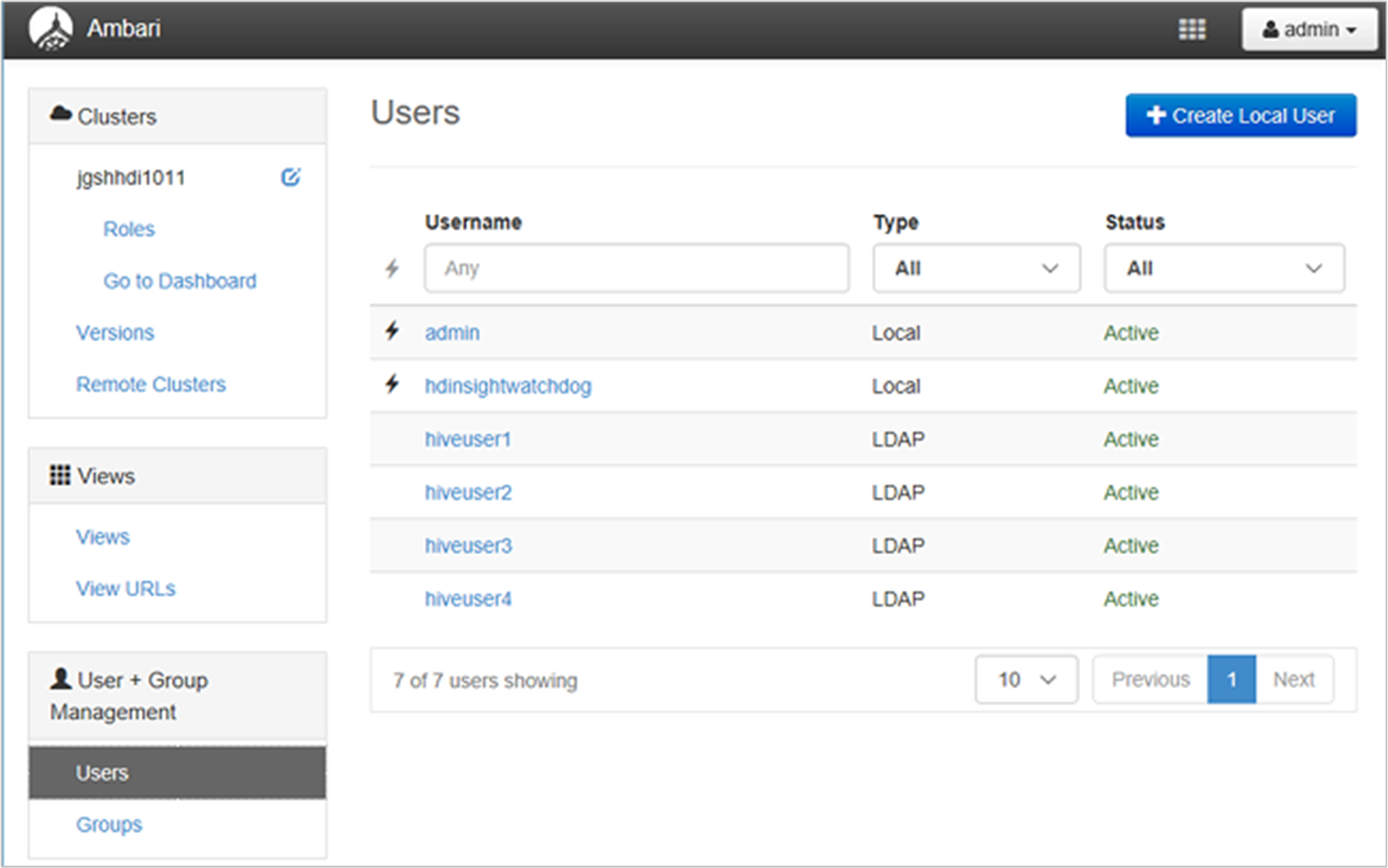 Esp HDInsight Ambari management UI list users (Elenco dell'interfaccia utente di gestione di ESP HDInsight Ambari).