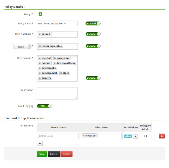 Screenshot che mostra i criteri Hive di HDInsight ESP Ranger da configurare.