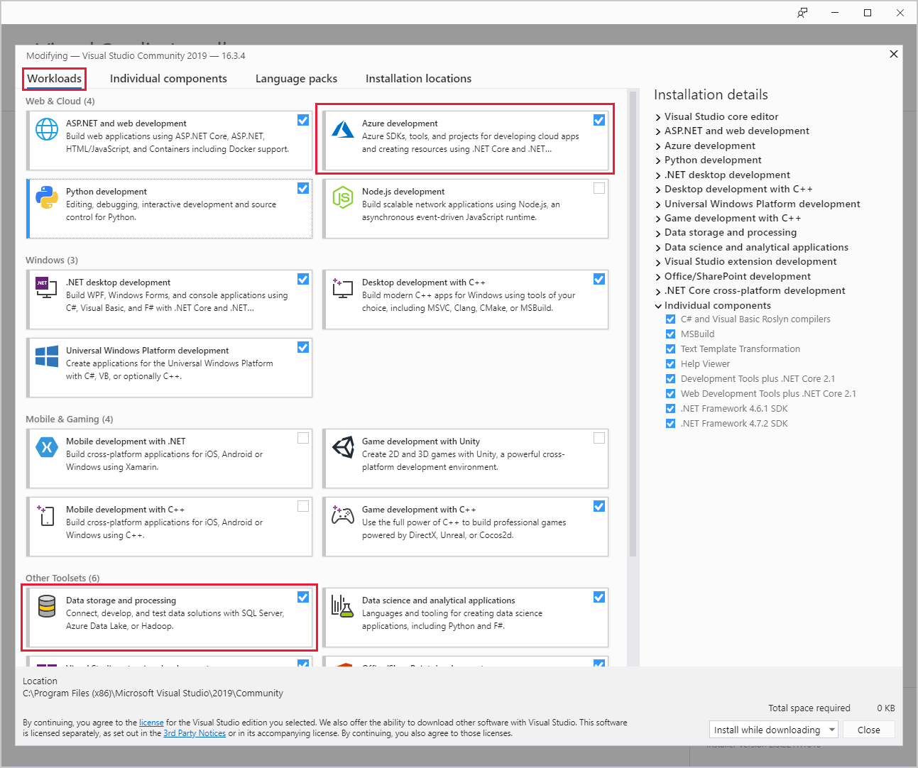 Selezione del carico di lavoro, Programma di installazione di Visual Studio.