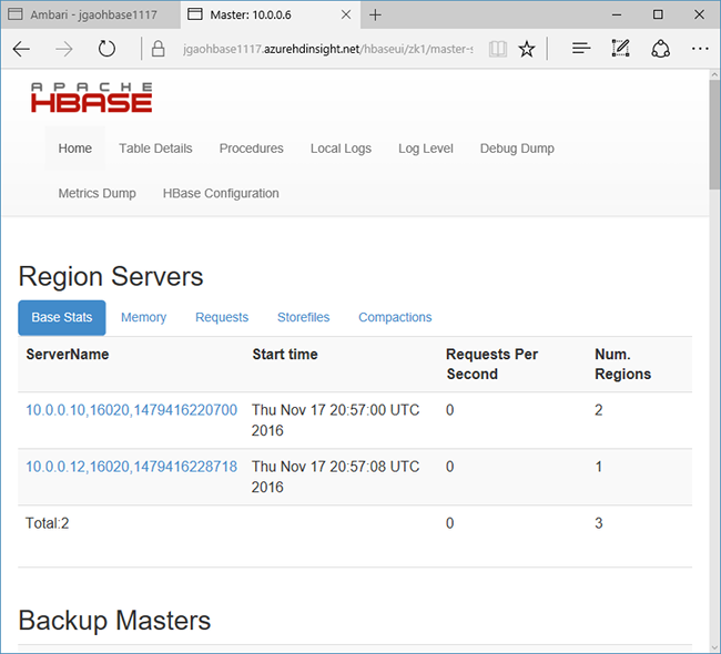 Interfaccia utente HMaster di Apache HBase di HDInsight.