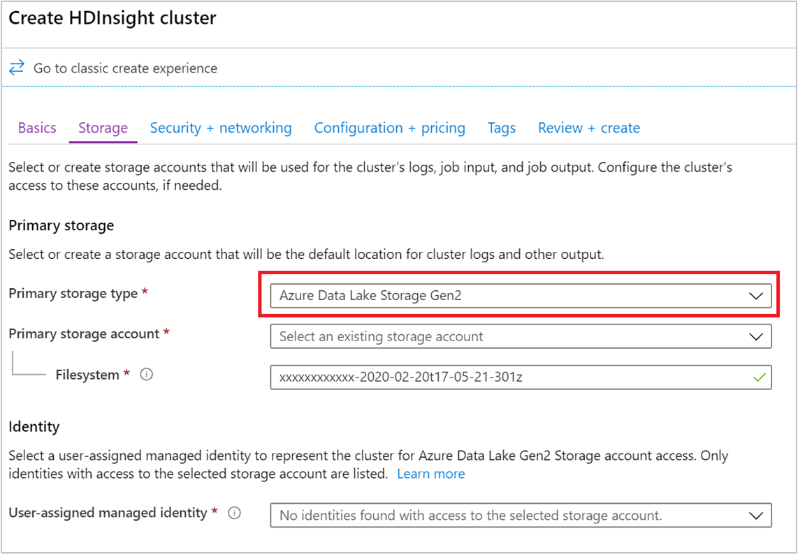 Impostazioni di archiviazione per l'uso di Data Lake Storage Gen2 con Azure HDInsight.