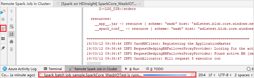 Risultato dell'esecuzione remota del processo Spark remoto intellij.