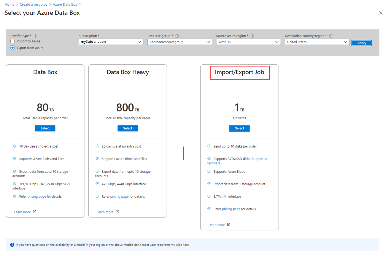 Screenshot che mostra le opzioni del prodotto per un nuovo ordine di Data Box. Il pulsante Seleziona per Import Export Job (Importa processo di esportazione) è evidenziato.