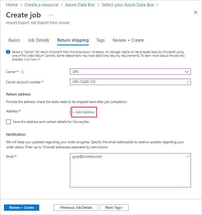 Screenshot della scheda Restituzione spedizione per un processo di importazione in Azure Data Box. La scheda Spedizione restituita e il pulsante Aggiungi indirizzo più sono evidenziati.