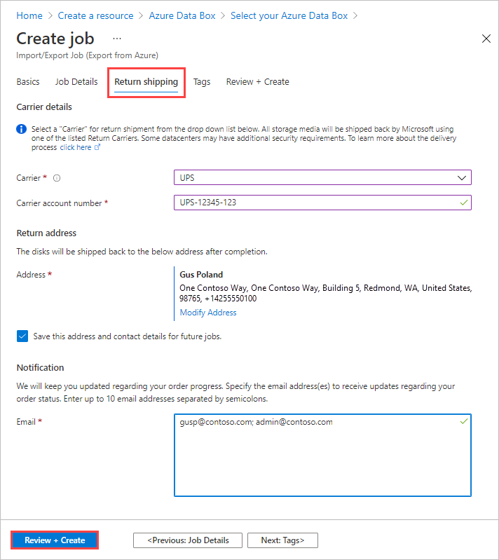 Screenshot della scheda Restituzione spedizione per un processo di importazione in Azure Data Box con tutti i campi compilati. La scheda Restituzione e il pulsante Rivedi più crea sono evidenziati.