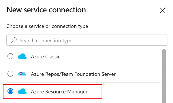 Screenshot che mostra la selezione di Azure Resource Manager nell'elenco a discesa Nuova connessione al servizio.