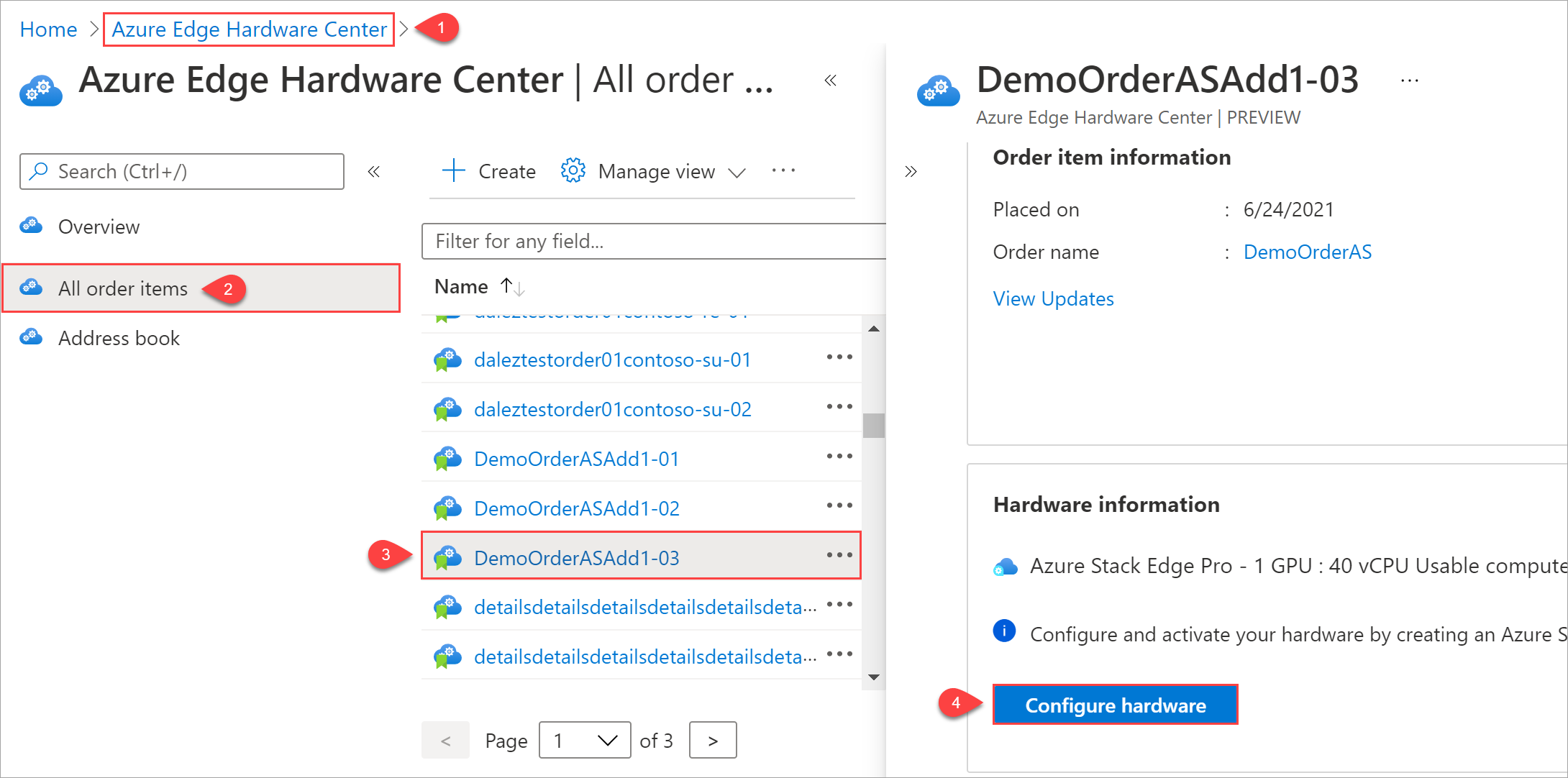 Figura che mostra 4 passaggi per avviare la creazione della risorsa di gestione da un articolo dell'ordine nel Centro hardware Edge di Azure.