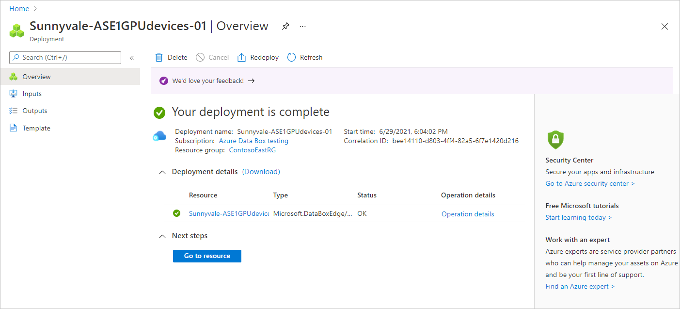 Screenshot che mostra una risorsa di gestione completata in Azure Stack Edge.