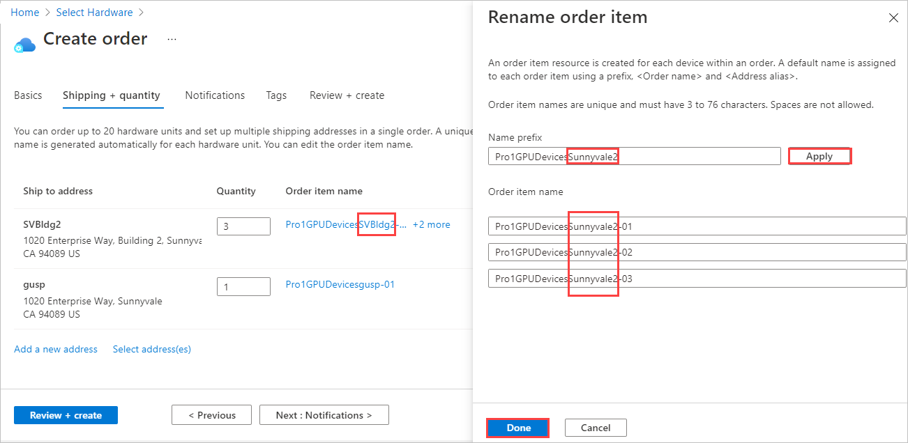 Screenshot che mostra come rinominare gli articoli dell'ordine per un ordine del Centro hardware Edge di Azure