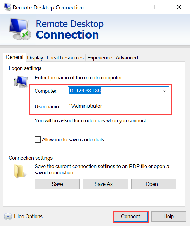 Screenshot del riquadro Connessione Desktop remoto per la connessione tramite RDP alla macchina virtuale Windows.