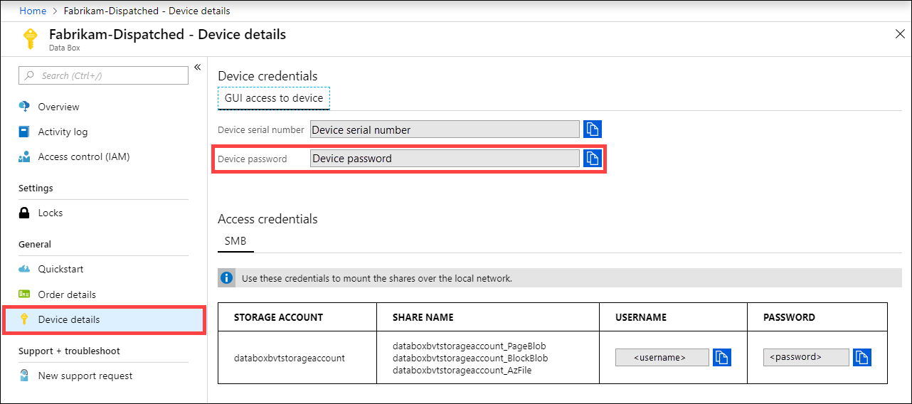 Screenshot di Dettagli dispositivo per un dispositivo Data Box nel portale di Azure. La voce menù Dettagli dispositivo e l'opzione Password dispositivo sono evidenziate.