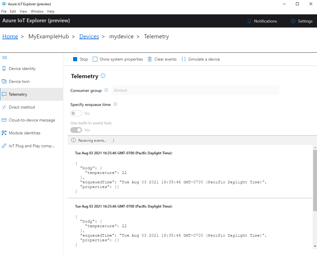 Screenshot dei dati di telemetria dei dispositivi in IoT Explorer