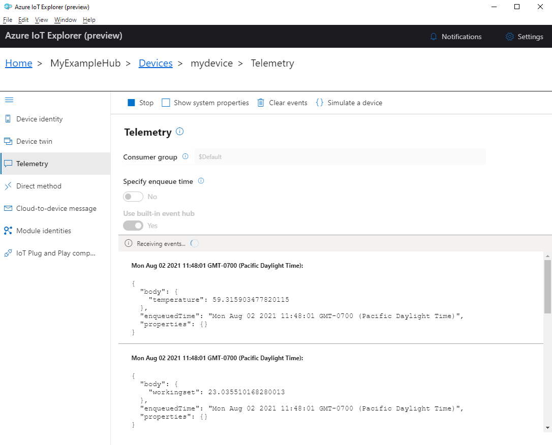 Screenshot dei dati di telemetria dei dispositivi in IoT Explorer