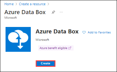 Screenshot della parte superiore della schermata portale di Azure dopo aver selezionato Azure Data Box. Il pulsante Crea è evidenziato.