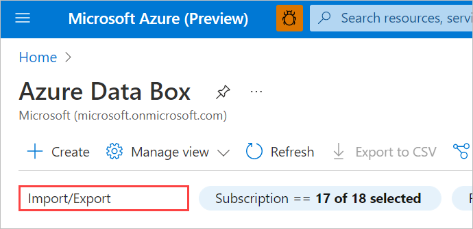 Screenshot che mostra come filtrare le risorse di Data Box nel portale di Azure per visualizzare Importazione/Esportazione processi. La casella di ricerca è evidenziata.