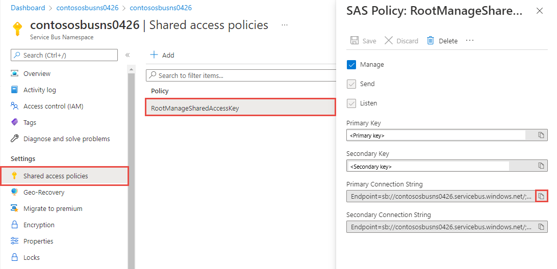 Screenshot che mostra un criterio SAS denominato RootManageSharedAccessKey, che include chiavi e stringhe di connessione.