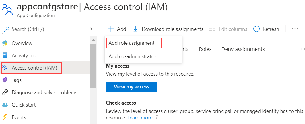 Screenshot che mostra la pagina Controllo di accesso (IAM) con il menu Aggiungi assegnazione di ruolo aperto.