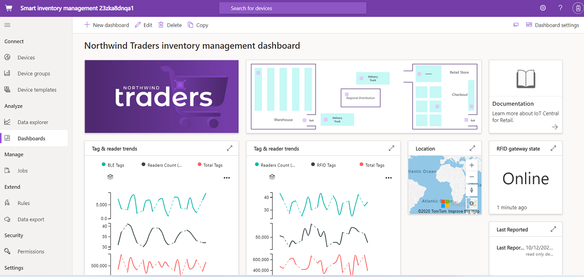 Screenshot del dashboard di IoT Central, un'interfaccia utente personalizzabile per l'applicazione.