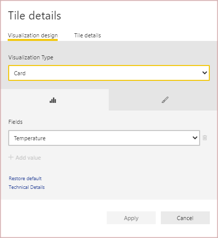 Screenshot che mostra la definizione della scheda nel dashboard di Power BI.tings.