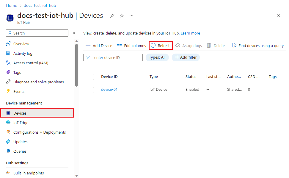 Screenshot che mostra che il dispositivo di cui è stato effettuato il provisioning è registrato con l'hub IoT.