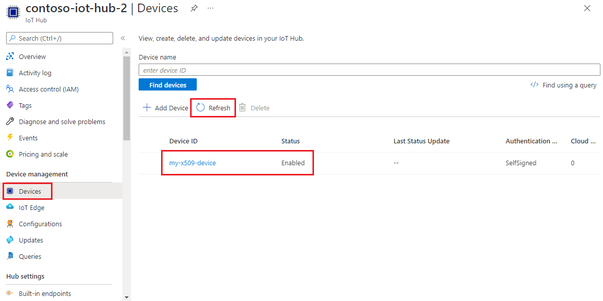 Screenshot che mostra che il dispositivo è registrato con l'hub IoT in portale di Azure.