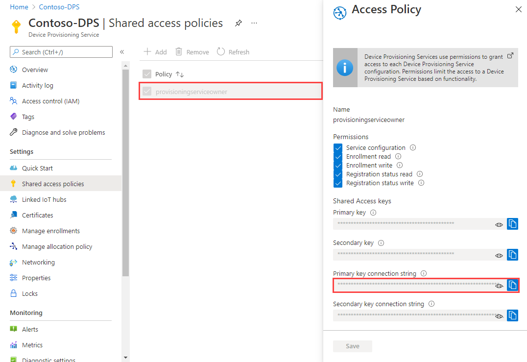 Ottenere stringa di connessione del servizio di provisioning dal portale.