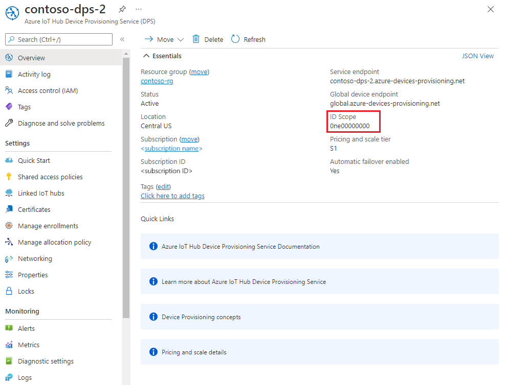 Screenshot che mostra l'ambito ID nel riquadro di panoramica del servizio Device Provisioning.