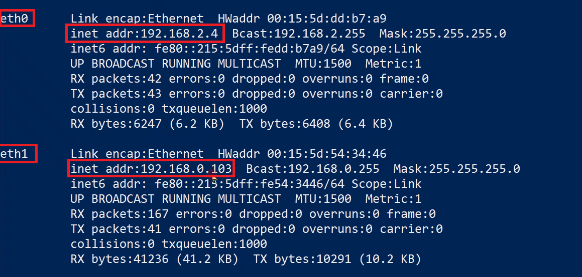 Screenshot che mostra la configurazione IP di più schede di interfaccia di rete connesse a due reti diverse.