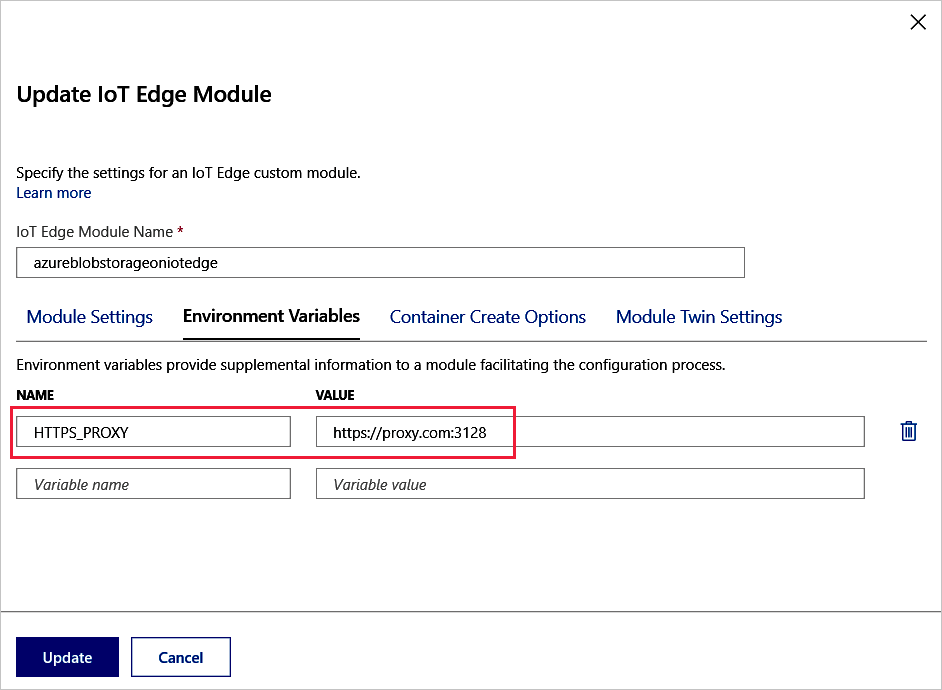 Screenshot che mostra il riquadro Aggiorna modulo IoT Edge in cui è possibile immettere i valori specificati.