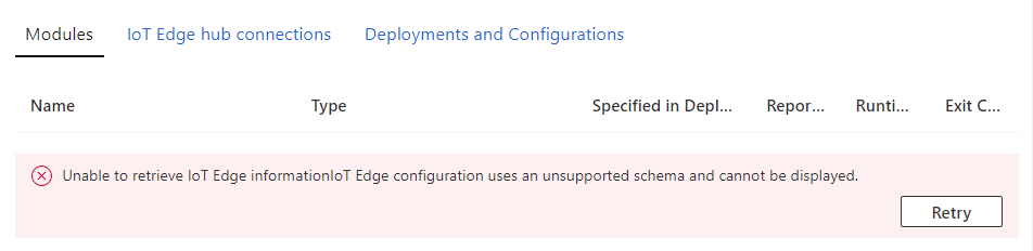 Screenshot dell'errore del portale di Azure nella pagina del dispositivo IoT Edge.