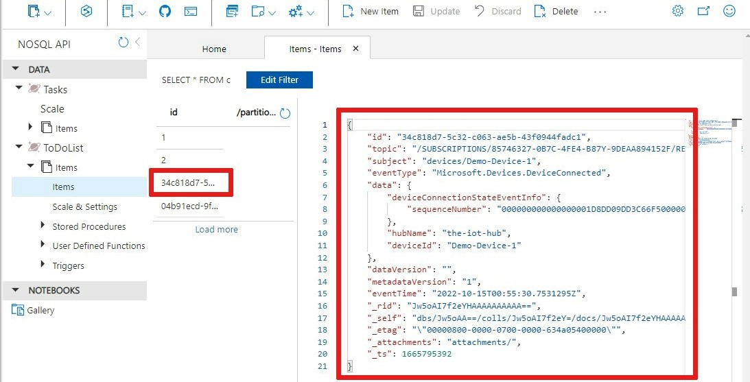 Screenshot dell'evento di stato della connessione appena generato in una raccolta di Cosmos DB.