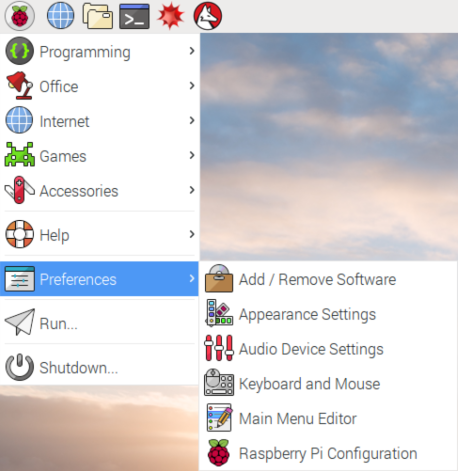 Screenshot che mostra il menu Preferenze del sistema operativo Raspberry Pi.