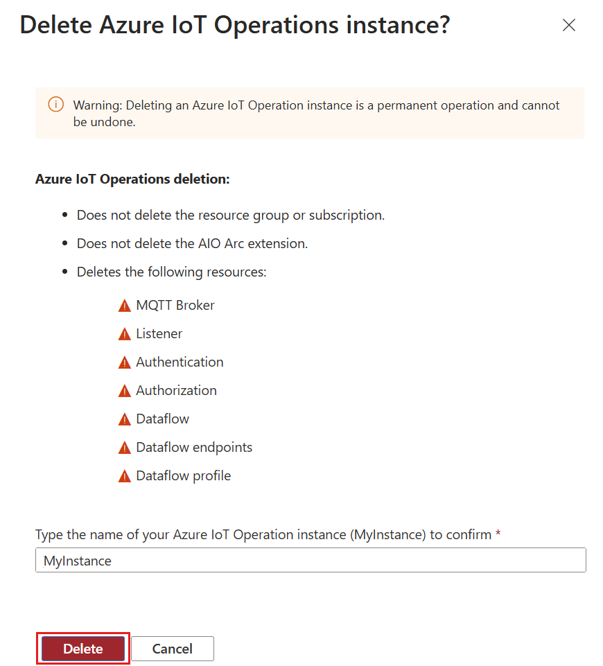 Screenshot che mostra l'eliminazione di un'istanza di Operazioni di Azure IoT nel portale di Azure.