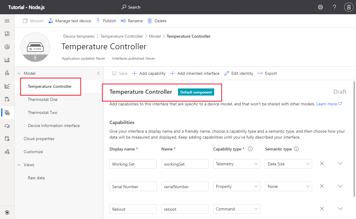 Screenshot che mostra il modello di dispositivo controller temperatura all'interno di IoT Central.