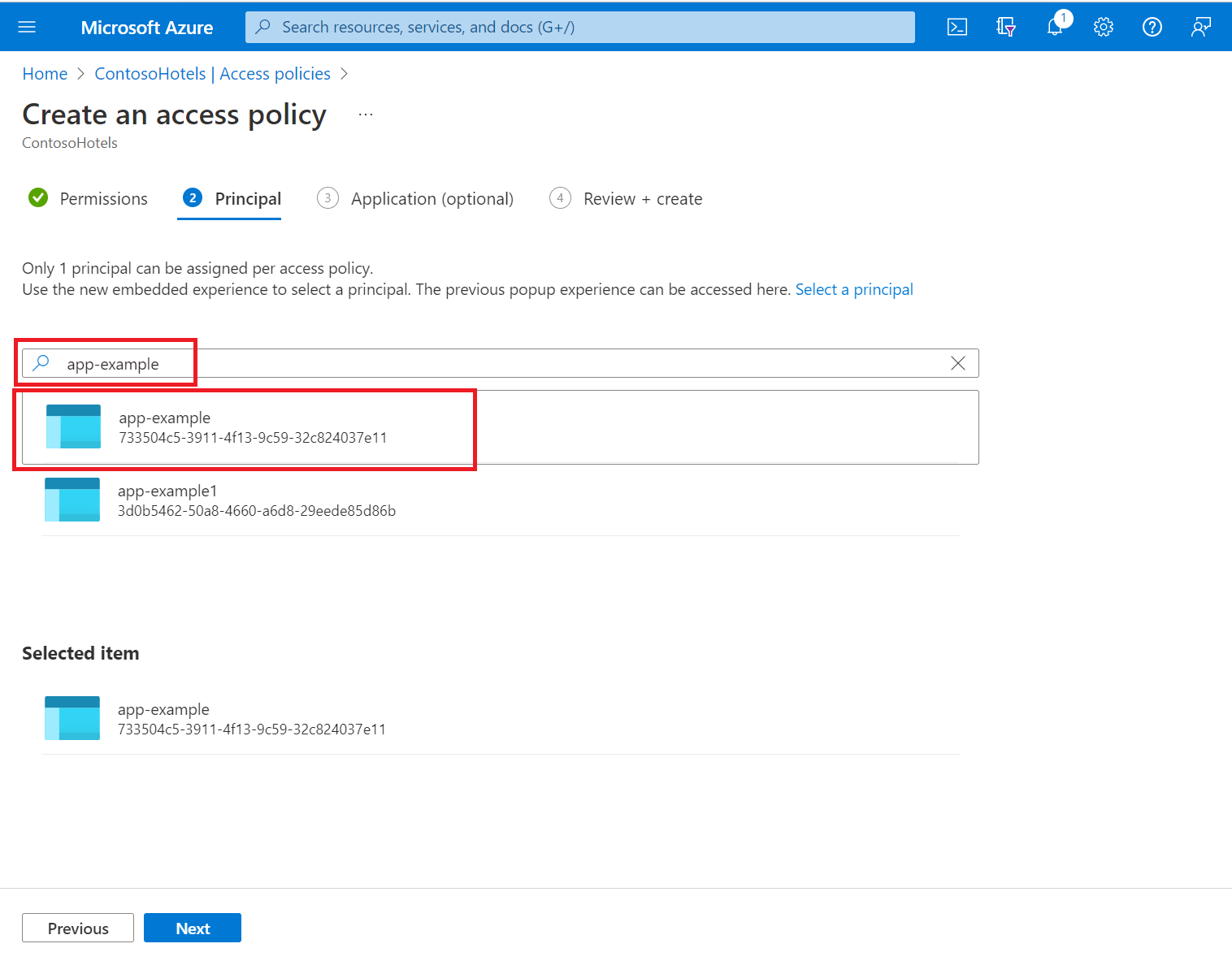 Selecting the security principal for the access policy