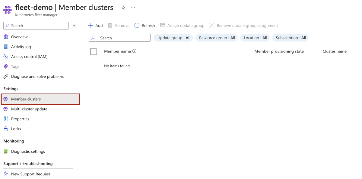 Screenshot della pagina del portale di Azure per i cluster membri di Gestione flotta Kubernetes di Azure.