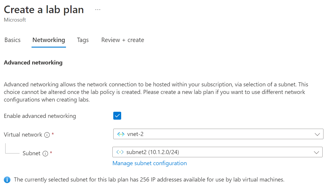 Screenshot della scheda Rete della creazione guidata di un piano lab.