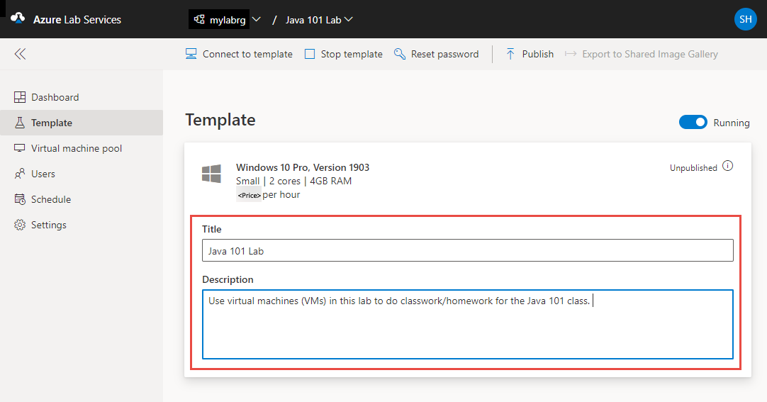 Screenshot che mostra la pagina Modello nel portale di Lab Services, consentendo agli utenti di modificare il titolo e la descrizione del modello.